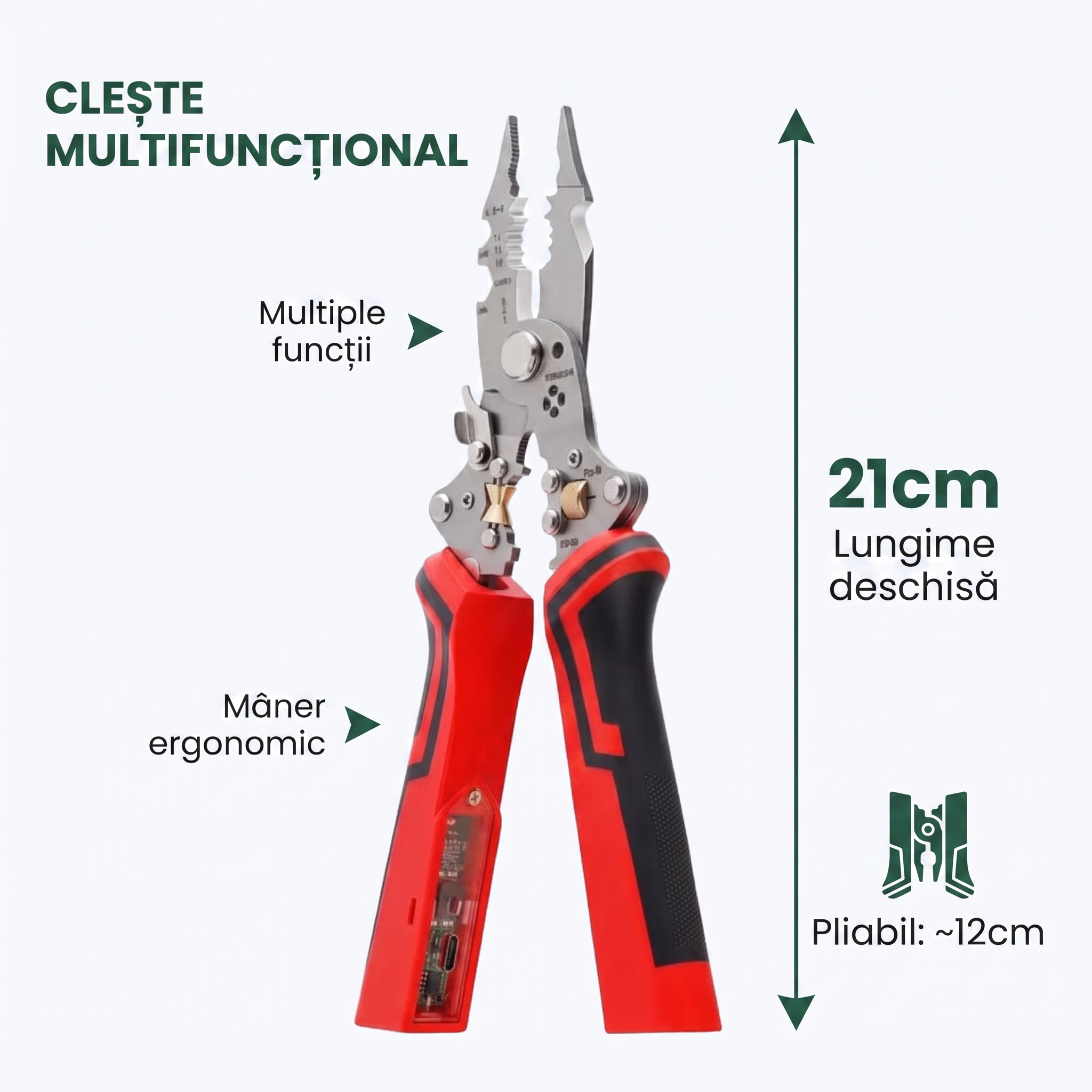 Foldable Wire Stripper Multifunctional 16-In-1 With Voltage Tester Electricity Measurement Function Cable Cutting Crimping Tool